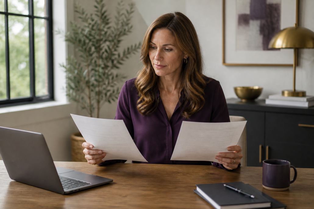 Woman at a desk comparing two affiliate programme documents