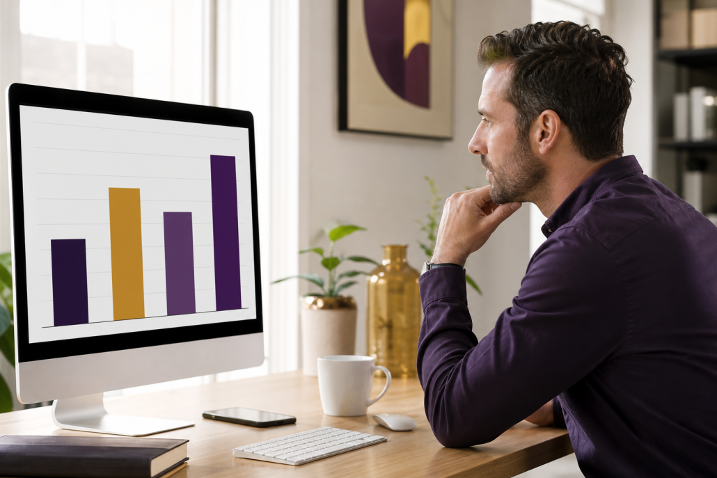 Man reviewing a four-bar comparison chart on a monitor