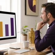 Man reviewing a four-bar comparison chart on a monitor in a bright workspace