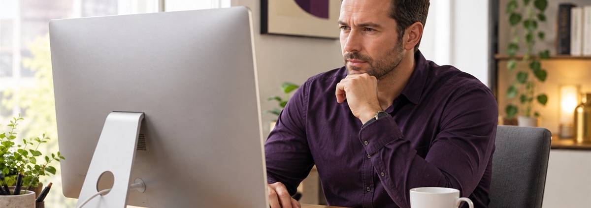 Man seated at a desk looking at a computer, with the back of the monitor facing the camera.