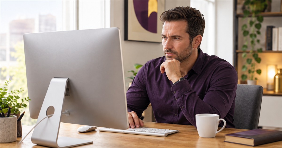 Man seated at a desk looking at a computer, with the back of the monitor facing the camera.