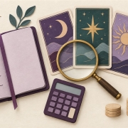 Evaluating psychic affiliate programs Illustration of a checklist, tarot-inspired cards, magnifying glass and calculator for evaluating affiliate programs.