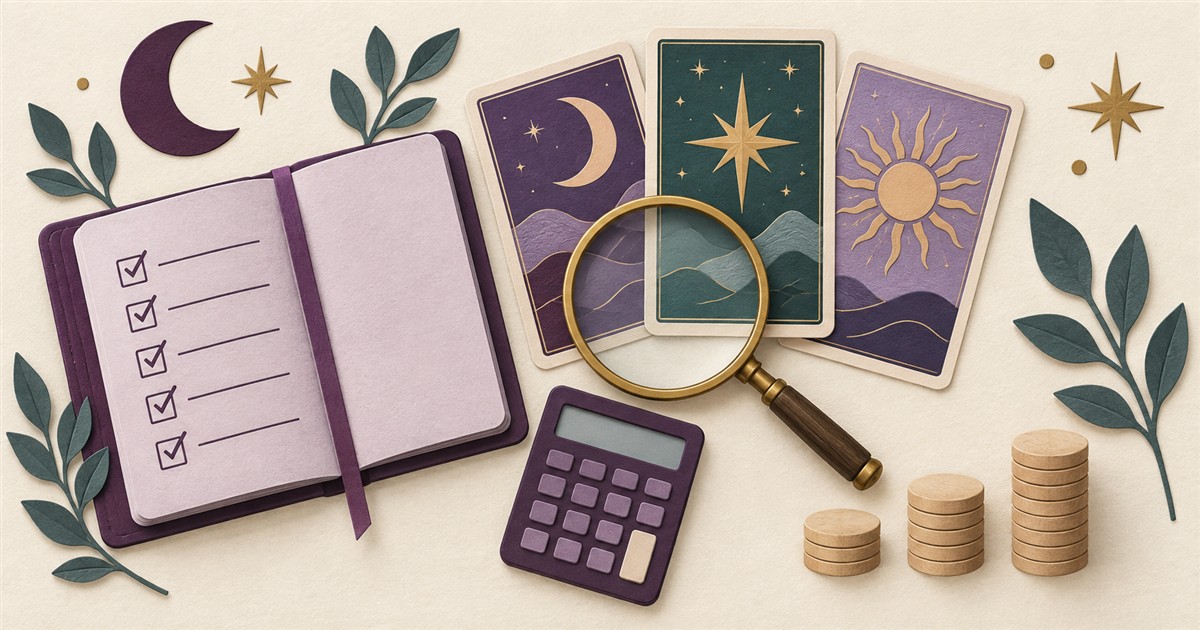 Illustration of a checklist, tarot-inspired cards, magnifying glass and calculator for evaluating affiliate programs.