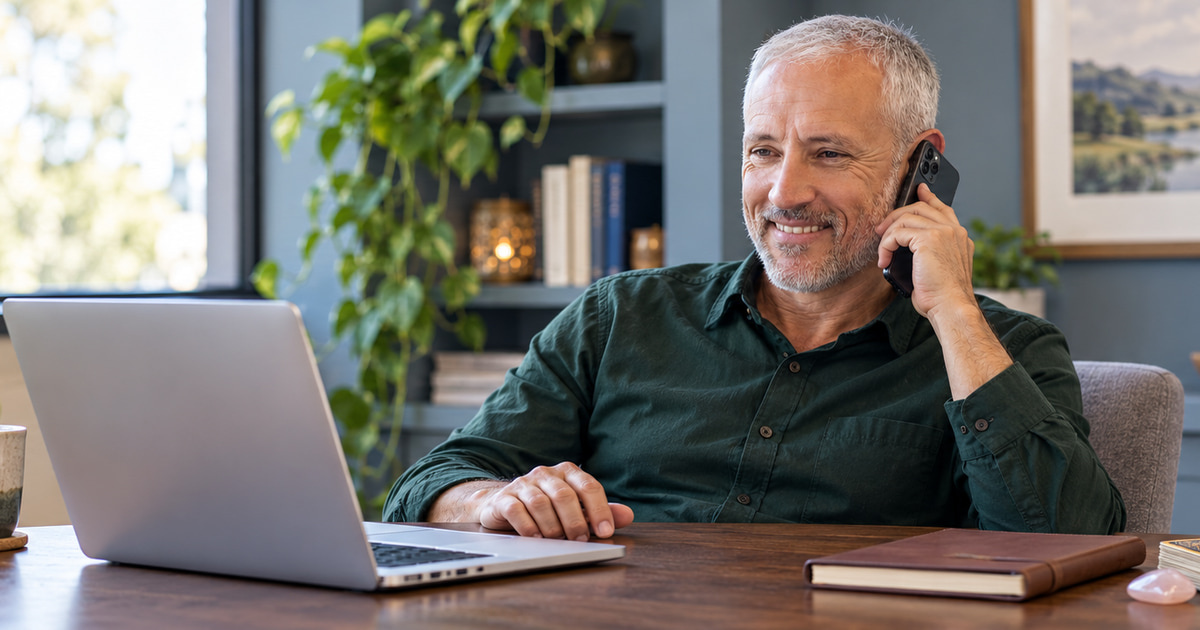 A mature man working at a laptop during a friendly phone conversation in a blue-gray office