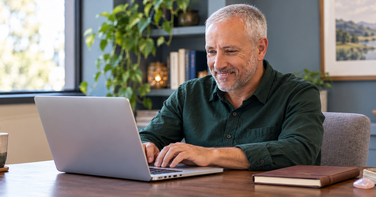 A mature man typing on a laptop with both hands in a blue-gray office